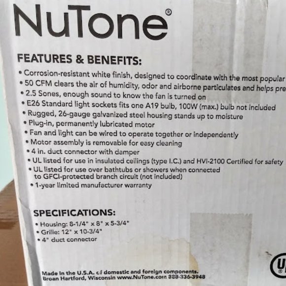 NUTONE Bathroom Ceiling Ventilation Exhaust Fan + Light (Model 763N)**NEW! - Picture 6 of 8